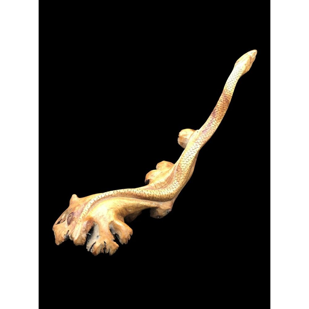 Hand-Carved Wooden Snake Sculpture On Seed Pod Root Base 15" Length